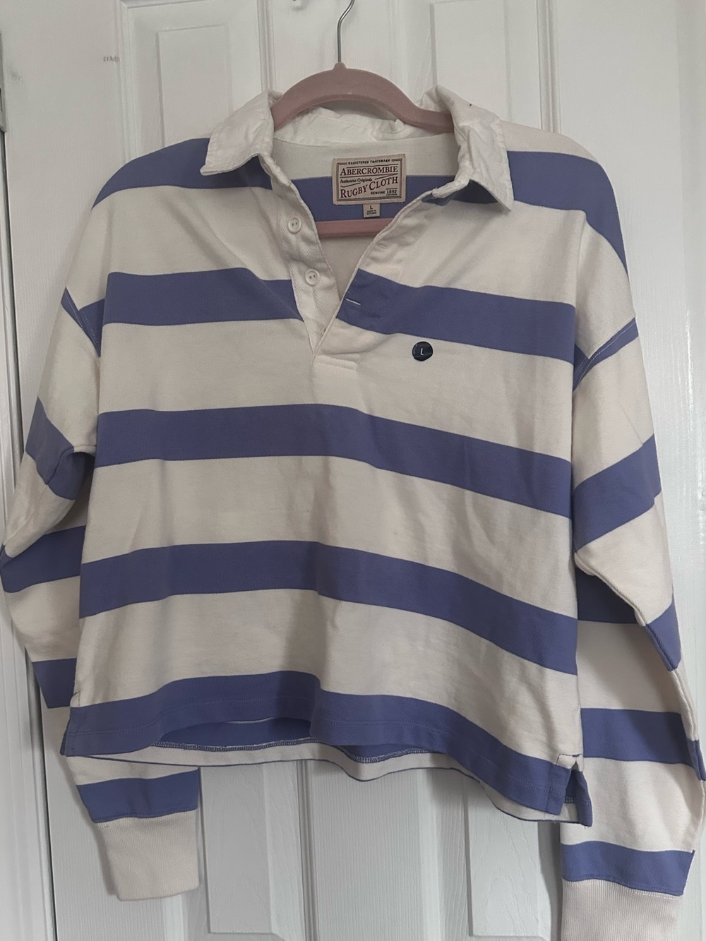 Abercrombie & Fitch Crop Long-Sleeve Rugby Shirt - Cream & Blue